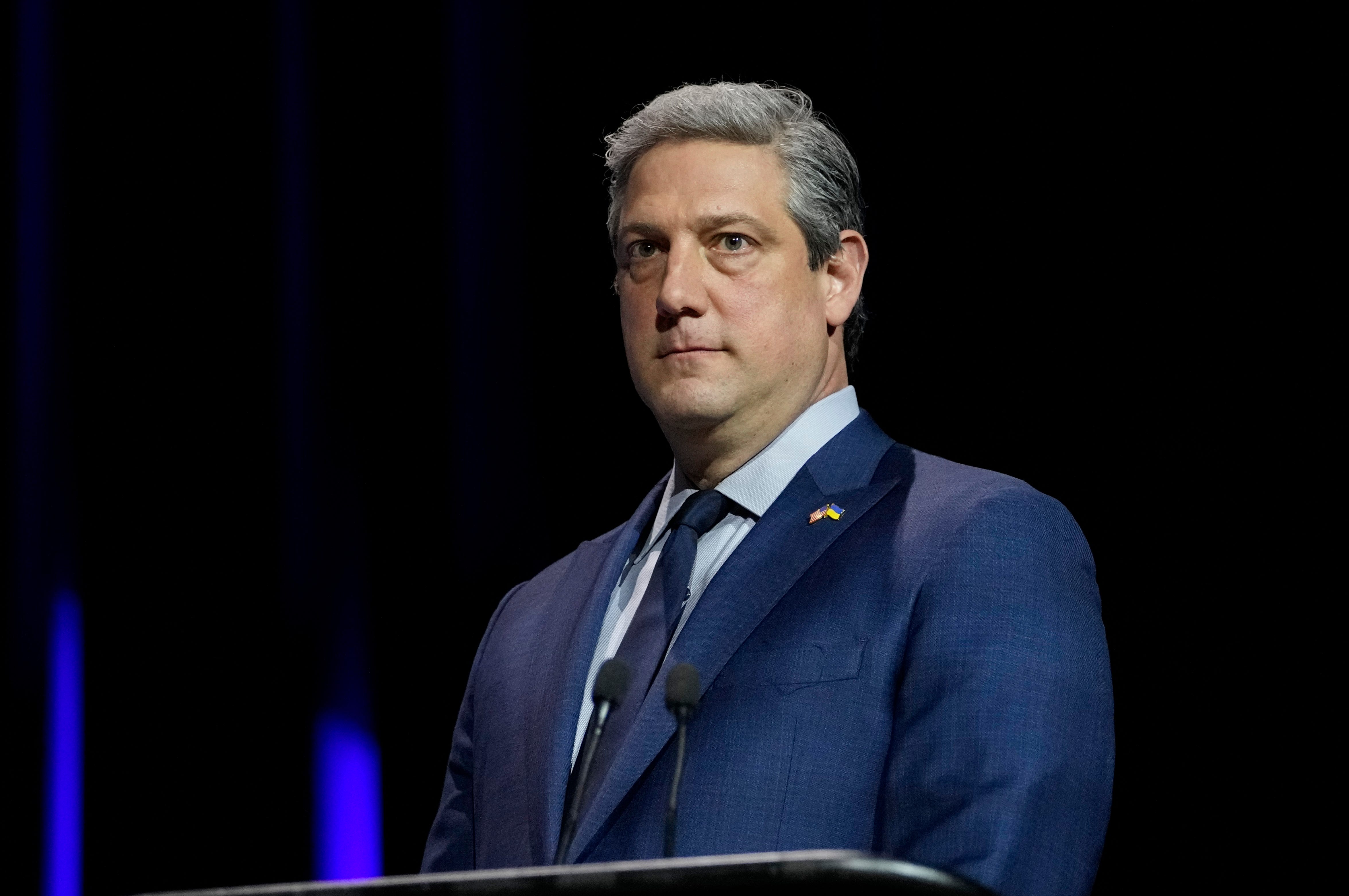 Mon., Mar. 28, 2022; Wilberforce, Ohio, USA; U.S. Senate Democratic candidate Rep. Tim Ryan (D-OH) stands at the end of Ohio’s U.S. Senate Democratic Primary Debate at Central State University. Mandatory Credit: Joshua A. Bickel/Ohio Debate Commission